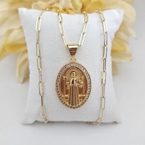 Gold Plated Saint Benedict Paper Clip Chain Necklace